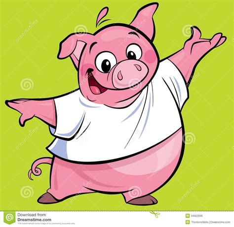 Cartoon Happy Pink Pig Character Presenting Wearing A T