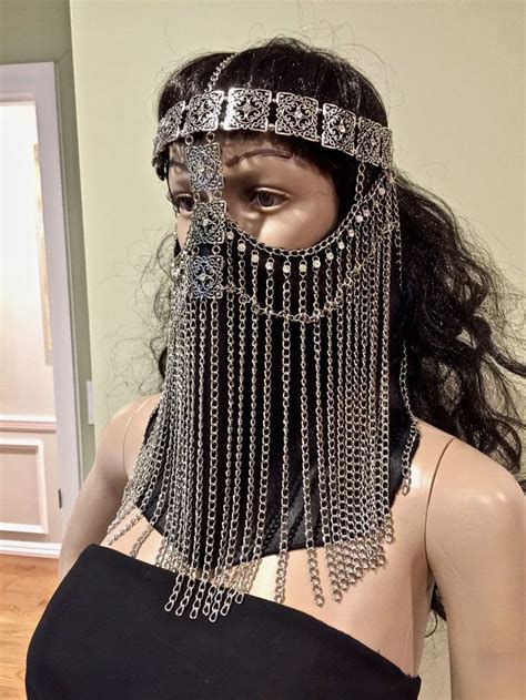Chains Face Mask With Attached Cloth Mask Silver Tone Arabian Bedouin Mask Unisex Face Veil
