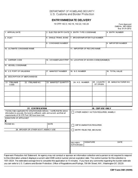 Us Customs Form Cbp Form 3461 Entryimmediate Delivery Us