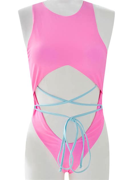 Women Monokini Swimsuits Pink Cut Out Straps Neck Backless Summer Sexy