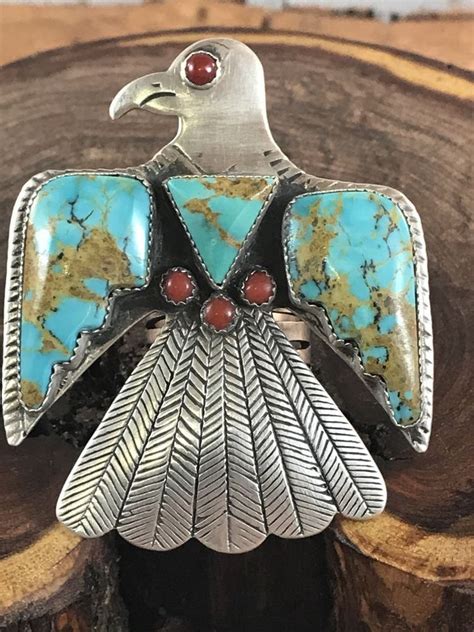 Silver Coral And Turquoise Thunderbird Ring Arizona Jewelry Navajo Jewelry Southwest Jewelry