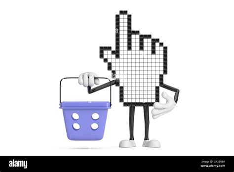 pixel mano cursor mascot persona personaje con cartoon shopping basket sobre fondo blanco