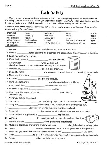 Safety In The Lab Worksheet Answers