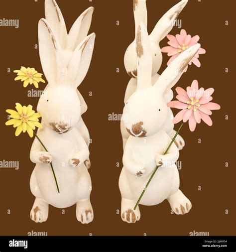 Easter Bunny Dancefour Little Rabbits Holding Flowers Are In