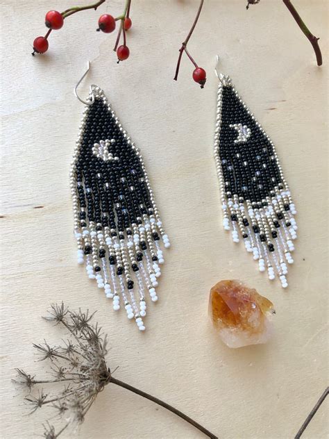 Handwoven Beaded Crescent Moon Earrings Beaded Fringe Etsy