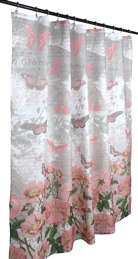 Pink Grey Butterfly Fabric Shower Curtain For Bathroom Elegant Flower