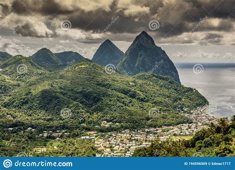 View Of Les Pitons Mountains In The Tropical Island Of Saint Lucia In