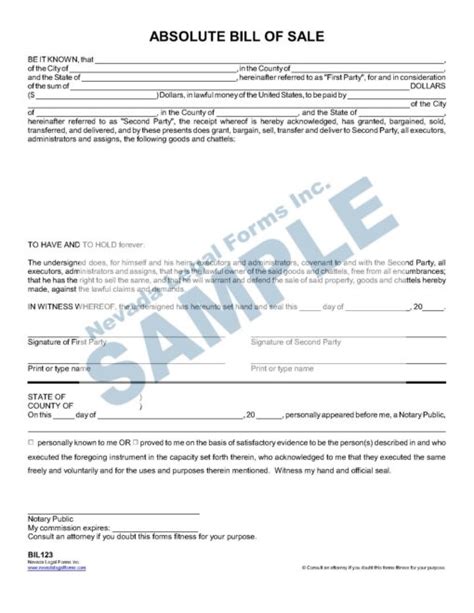 Absolute Bill Of Sale Nevada Legal Forms And Services