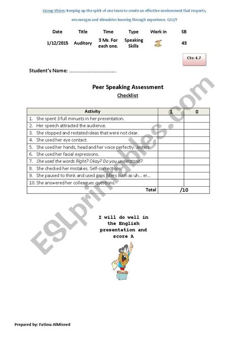 Peer Speaking Assessment Esl Worksheet By Fattami Ad2