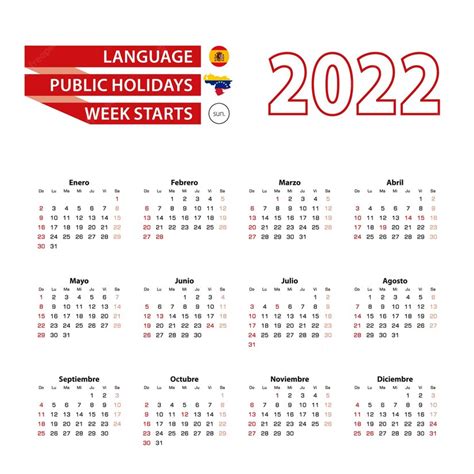 Calendario 2022 En Idioma Español Con Festivos El País De Venezuela En