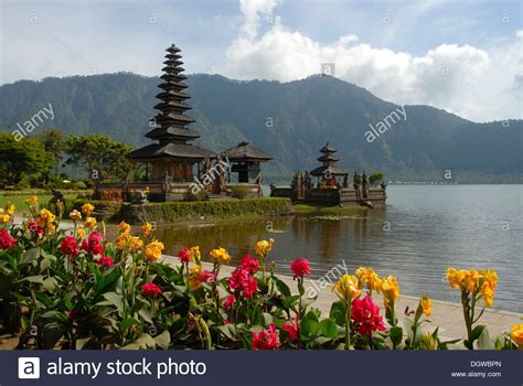 Bali Hinduism Colourful Flowers In Bloom Balinese Pagoda Pura Ulun