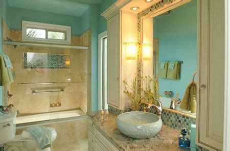 Transitional blue tile white floor bathroom photo in chicago with light wood cabinets, white walls how do i decorate my bathroom? Maybe this color with brown accents. | Tiffany blue ...