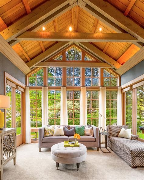 Beautiful Gray Great Room With Vaulted Wood Ceiling Great Rooms