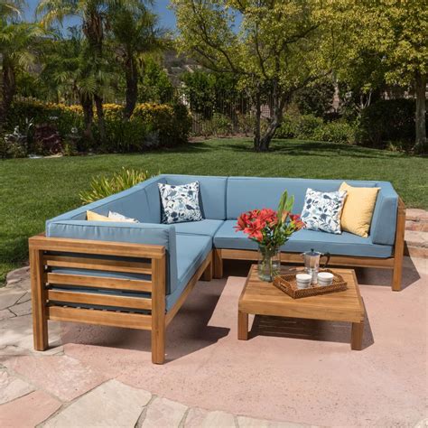 Noble House Oana Teak Finish 4 Piece Wood Outdoor Sectional Set With