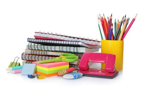 Different Colorful Stationery On White Background Stock Photo Image