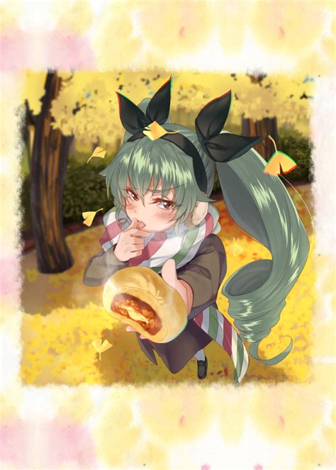 Safebooru 1girl Q Anchovy Aqua Hair Autumn Autumn Leaves Baozi Black Coat Black Footwear