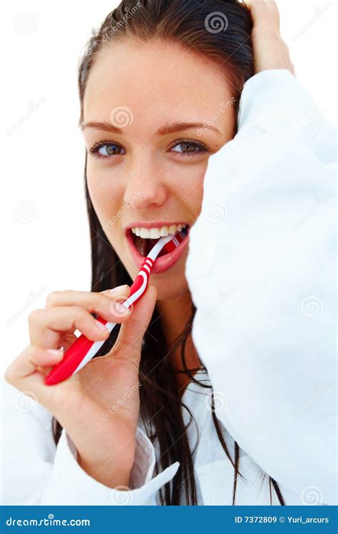 Young Woman Brushing Her Teeth Isolated On White Stock Image Image Of People Looking 7372809