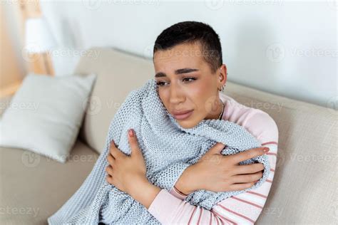 Sick Young African Woman Feeling Cold Covered With Blanket Sit On Bed Ill Black Girl Shivering