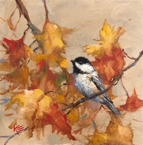 Chickadee Fall Leaves By Krista Eaton Original Art Etsy Autumn