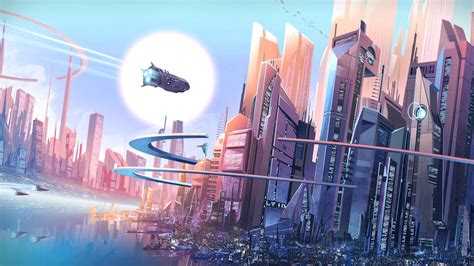 François Coutu 1080p Artwork City Fantasy Spaceships Skyscrapers