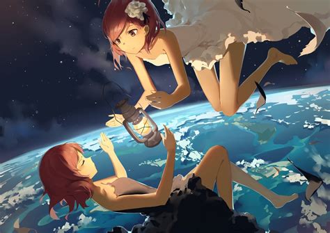 Wallpaper Illustration Redhead Flowers Anime Girls