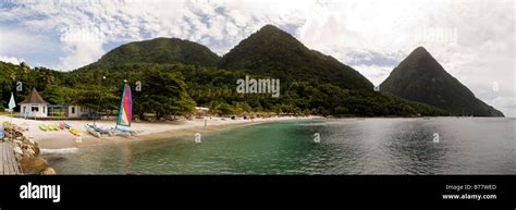 The Beach At Jalousie Hotel St Lucia With One Of The Pitons In The Background Stock Photo Alamy
