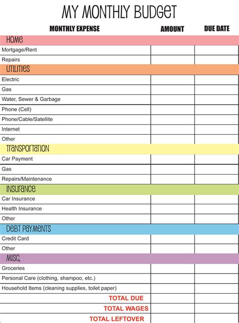 Teach child how to read: Printable Monthly Budget Worksheet Excel