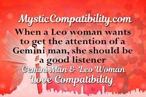One of them is distracted by everything and the other focused only on their own needs. Gemini Man Leo Woman Compatibility - Mystic Compatibility