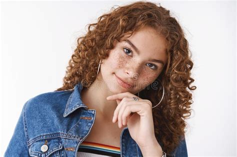 Close Up Tender Sensual Redhead European Girl With Curly Hair Pimples