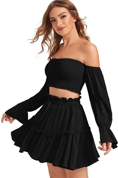 Floerns Women S Two Piece Outfit Off Shoulder Drawstring Crop Top And