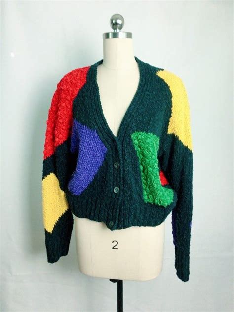 Vintage Chunky Colorblock Cardigan Cropped Sweater 80s 90s Etsy