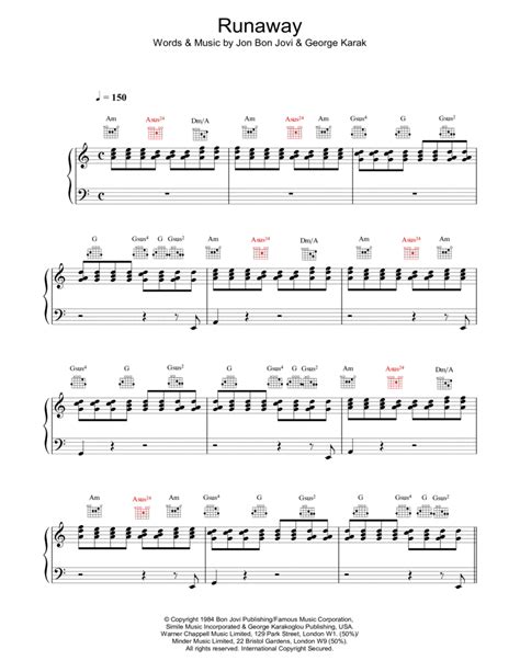 Runaway By Bon Jovi Piano Vocal Guitar Digital Sheet Music