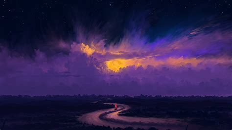 Wallpaper Digital Painting Landscape Night Sky Moon Clouds
