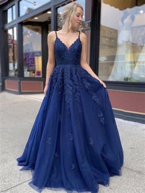 Stylish Royal Blue Lace Prom Dresses Long Spaghetti Strap V Neck