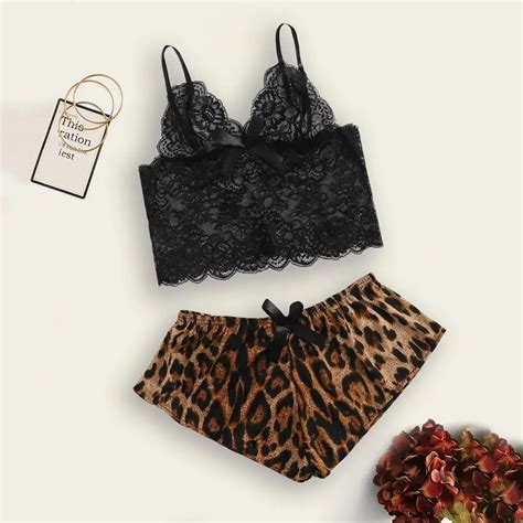 Leopard Lace Trim Satin Cami Top Sexy Lingerie Pyjamas Set Women V Neck