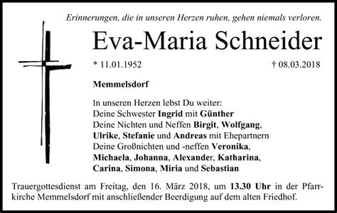 Eva Maria Schneider Traueranzeige Frankende