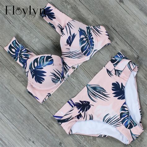 Floylyn Push Up Swimwear Sweet Feather Print Sexy Bikini Swimsuit