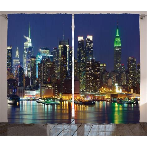 New York Curtains 2 Panels Set Nyc Midtown Skyline In Evening