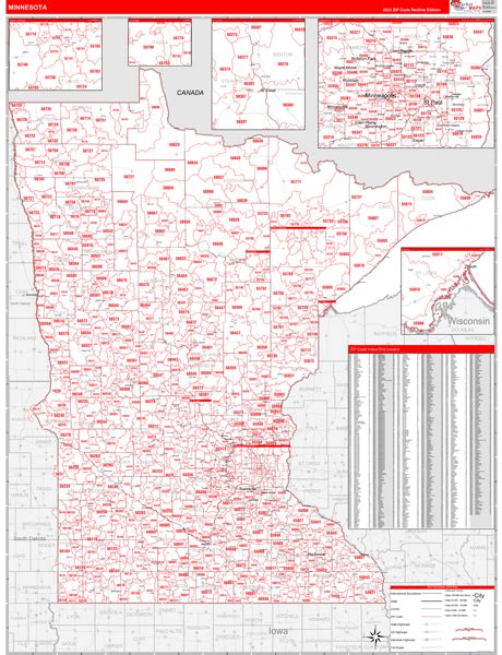 Minnesota Zip Code Wall Map Red Line Style By Marketmaps Mapsales