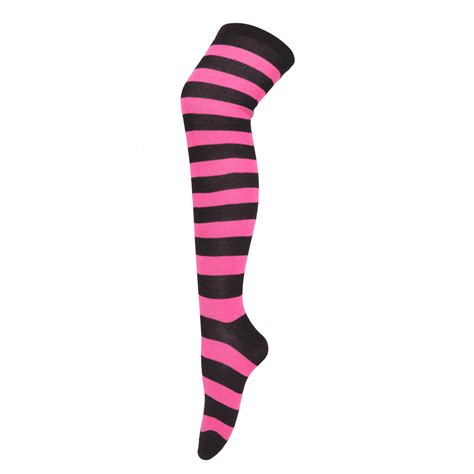 Womens Extra Long Striped Socks Over Knee High Opaque Stockings Black And Pink