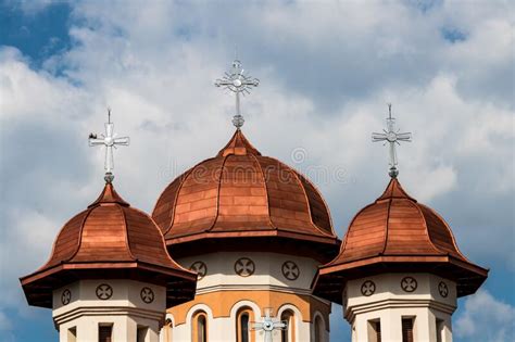 Church Copper Roof Towers With Christian Crosses Above Stock Image