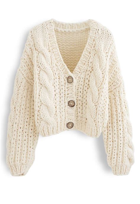 v neck crop hand knit chunky cardigan in cream retro indie and unique fashion