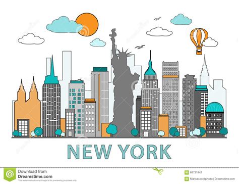 Thin Line Flat Design New York City Modern New York Skyline Landmarks