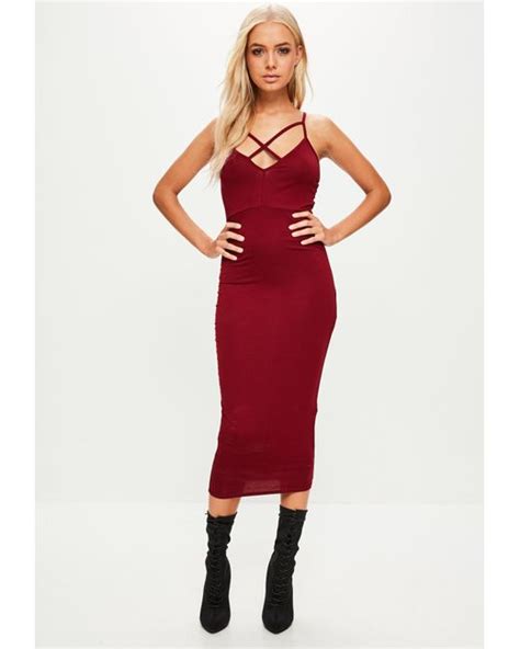 Lyst Missguided Burgundy Strap Detail Plunge Midi Dress In Red