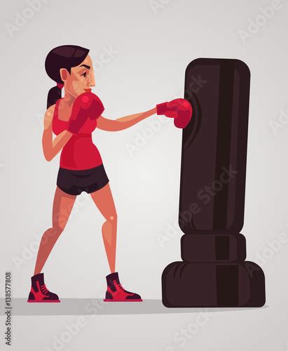 Woman Boxer Character Kicking Punching Bag Vector Flat Cartoon