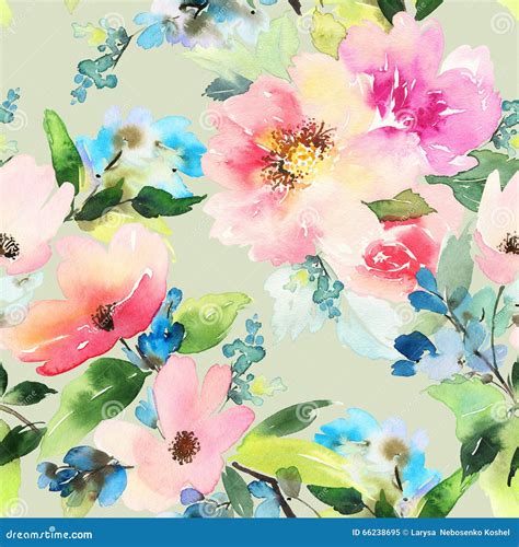 Seamless Pattern With Flowers Watercolor Stock Illustration