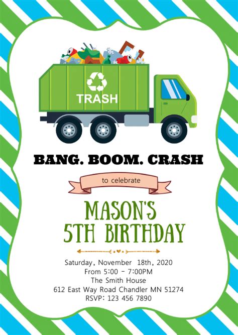 Garbage Truck Birthday Party Invitation Template Postermywall