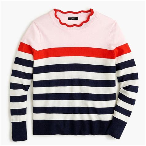Jcrew Scallop Trimmed Pullover Sweater In Colorblock Stripe Color
