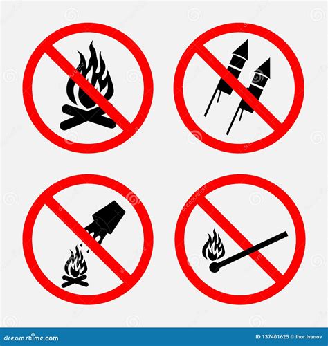 A Set Of Signs Prohibiting Fire Prohibited Fireworks Stock