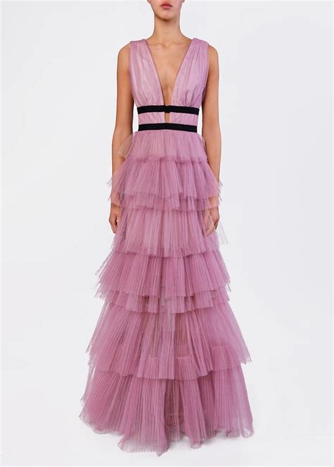 True Decadence Dark Pink Plunge Front Tulle Layered Maxi Dress